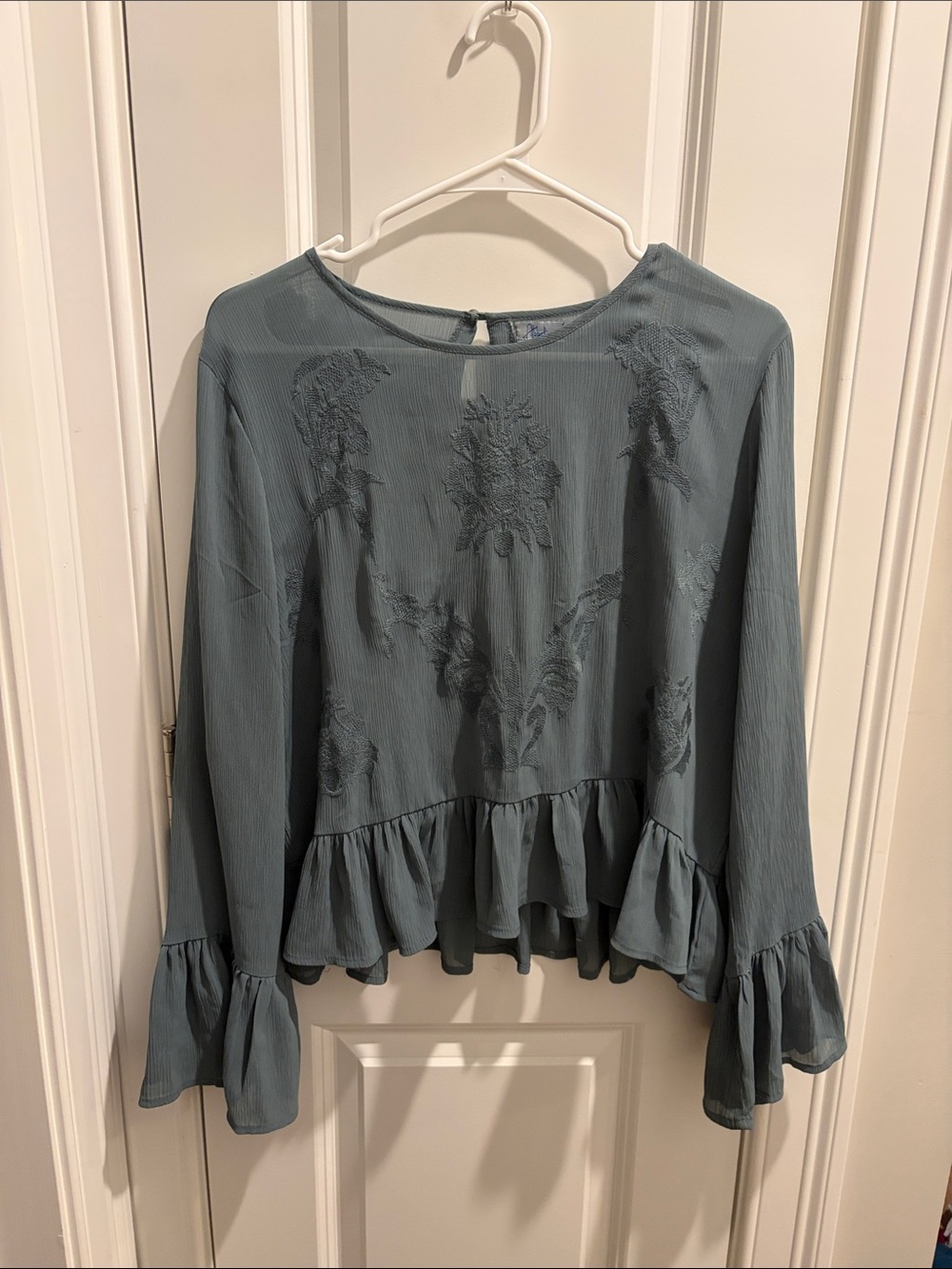 Abbeline Women's Blue Ruffle Hem Embroidered Blouse
